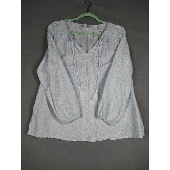 Joie Women's Medium Peasant Blouse Blue White Embroidered Boho Floral Tassel EUC - Picture 1 of 7